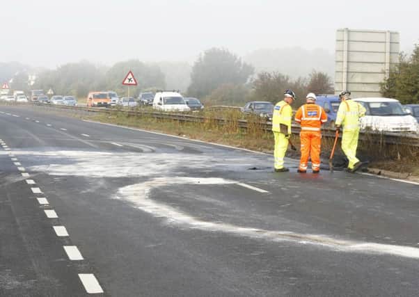 A collision on the A27 westbound has damaged the road surface  Picture: Eddie Mitchell