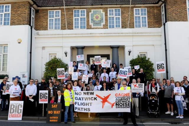 CAGNE, GACC and CPRE Sussex, protest outside Drill Hall where the Gatwick Airport new runway consultation was taking place in May 2014 - picture submitted SUS-140930-152616001