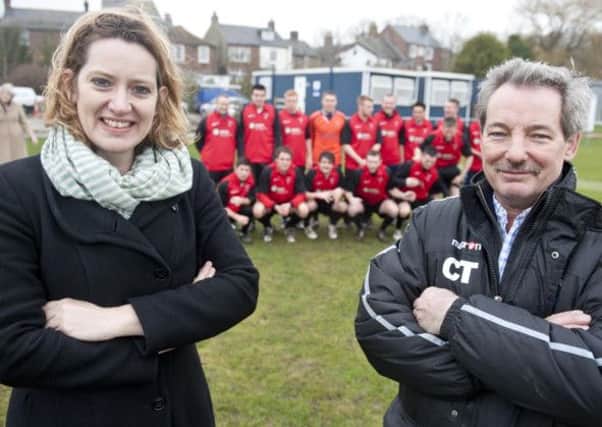 CONNORS Brighton 01273 486851 
Picture by Darren Cool
SOUTHERN WATER HELP RYE FOOTBALL CLUB OUT WITH CHANGING ROOMS AFTER A ARSONIST STRUCK.
AMBER RUDD MP AND RYE FC CHAIRMAN CLIVE TAYLOR BEFORE THE FIRST GAME BACK ON THEIR HOME PITCH. SUS-140110-141414001