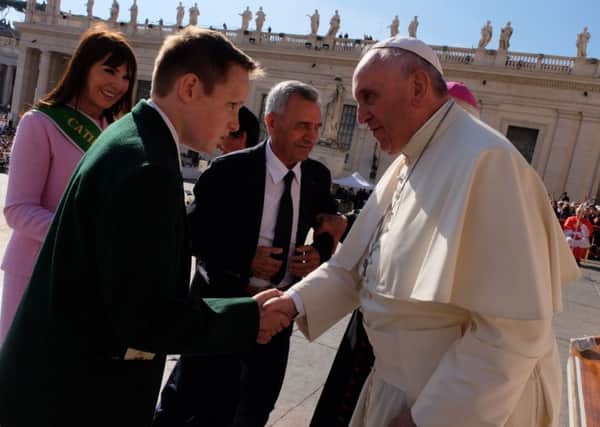 Tom Slater from Nuthurst meets Pope Francis at the Vatican (submitted). SUS-140810-125001001