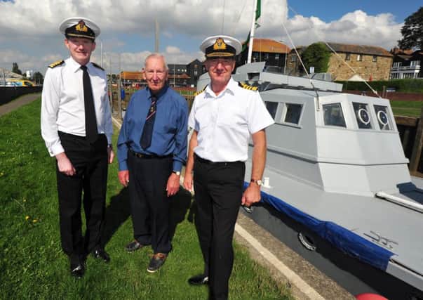12/9/14- The First Sea Lord visiting the restored WWII gunboat RML526 in Rye Harbour.  Captain Trevor Gulley ADC,  Admiral Sir George Zambellas KCB DSC ADC, First Sea Lord and wartime Navy veteran Don Tucker. SUS-141209-133749001