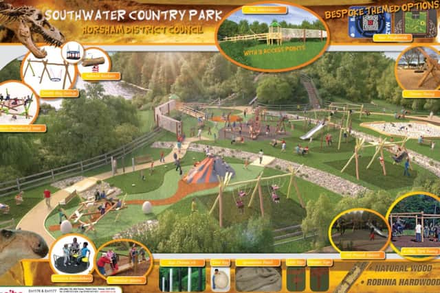 Horsham District Council proposals for Dinosaur Island at Southwater Country Park. Designs by playground designers Eibe