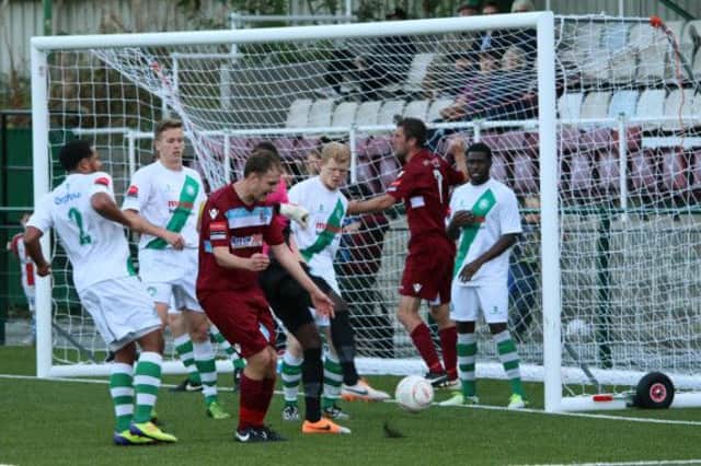 Goalmouth action from Hastings United's 0-0 draw away to Whyteleafe on Saturday. Picture courtesy Joe Knight