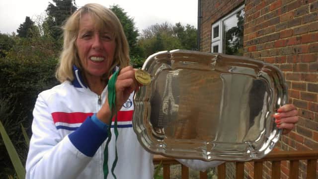 St Leonards-based tennis player Frances Candy with the Alice Marble Cup which Great Britain won at the 2014 Super-Seniors World Team Championships in Antalya, Turkey (SUS-141028-112540002)