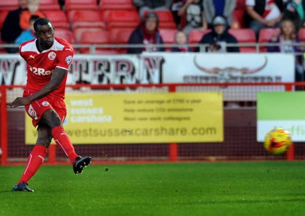 Crawley V Crewe 1-11-14 Izale McLeod equalised for Crawley (Pic by Jon Rigby) SUS-140111-192620002