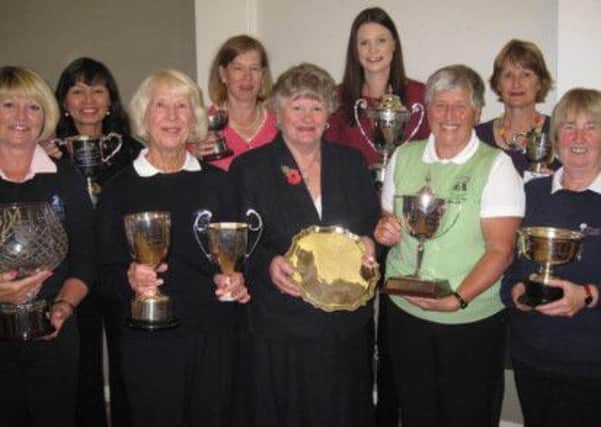 Sussex County Lady Captains receiving their awards and trophies at the AGM.  Rosemary Parvin, HHGC Ladies' Captain, is third from the left