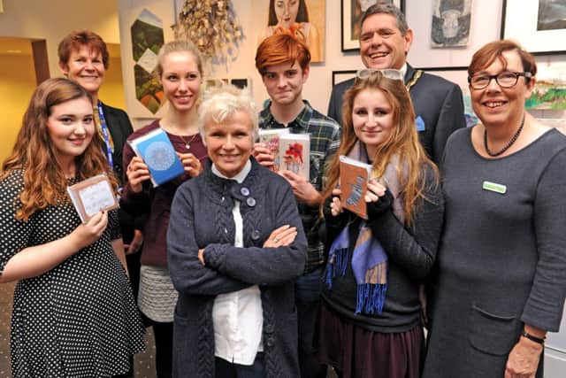 JPCT 181114 S14480081x  Julie Walters presents awards to Collyers students.  Samaritans christmas cards at Capitol Theatre Horsham.  -photo by Steve Cobb SUS-141118-161409001