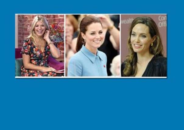 From left, Holly Willoughby, Kate Middleton and Angelina Jolie