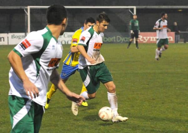 Ollie Pearce gets Bognor moving forward against Canvey Island   Picture by Kate Shemilt C141045-7