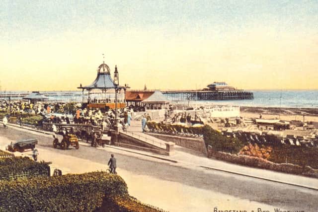 A postcard featuring the original Worthing seafront bandstand