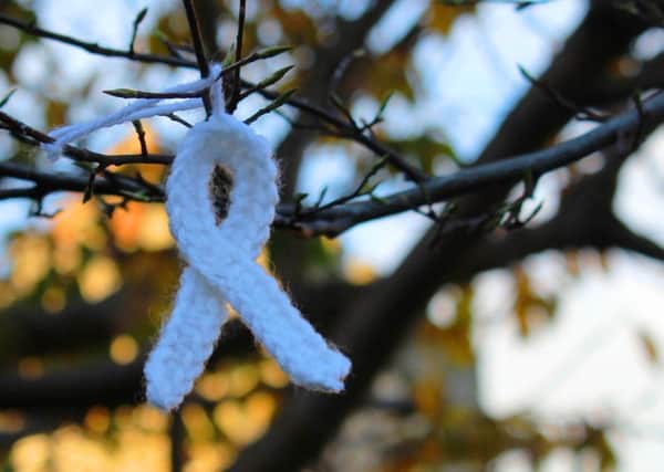 A knitted white ribbon hanging in the memorial garden SUS-141124-133421001