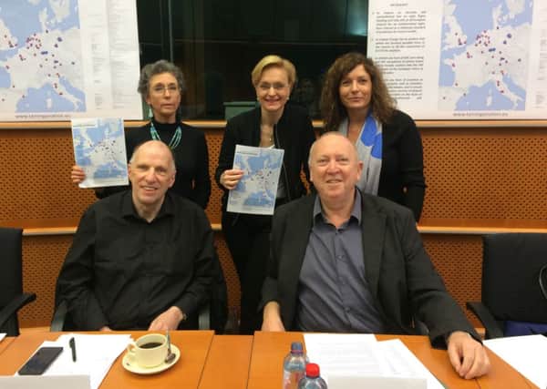 Anti-airport expanision protesters take their campaign to the European Parliament: (L-R) Salley Pavey of CAGNE, Keith Taylor MEP host, Susanne Heger Austrian founder of Taming Aviation, Sarah Clayton of Airport Watch and John Stewart of HACAN (Heathrow group) - picture submitted