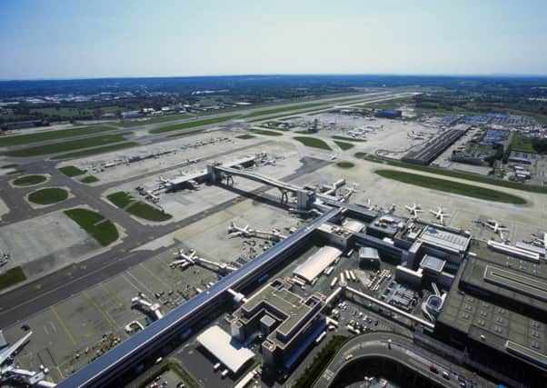 Gatwick Airport, aerial view of new passenger bridge at Pier 6 and North Terminal Apron including runways, June 2005, Image ref CGA00963, A.C ENGSNL00120111121155645