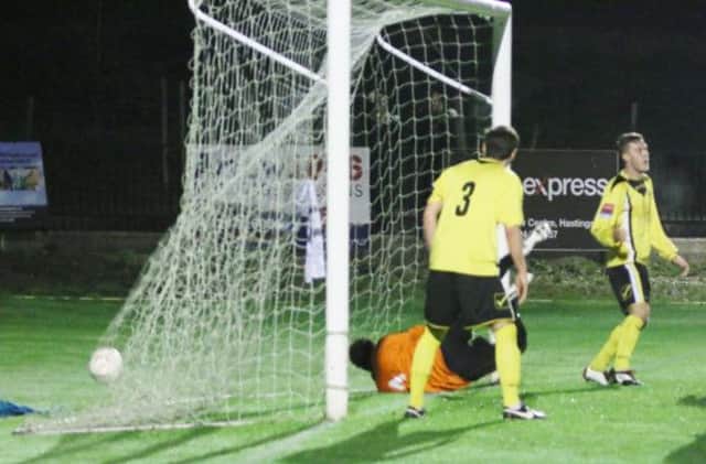Hastings United have the ball in the net during their 3-3 draw at home to South Park on Monday night. Picture courtesy Joe Knight
