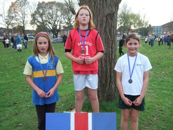 The leading finishers in the year 3/4 girls' race at the Hastings & Rother Schools' Cross-Country