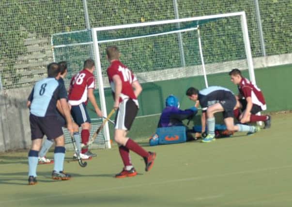 Jamie Busbridge opens the scoring for South Saxons during their resounding 9-1 victory at home to Crawley II on Saturday