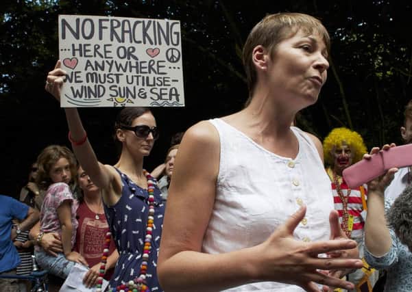 Caroline Lucas protesting against fracking in Balcombe