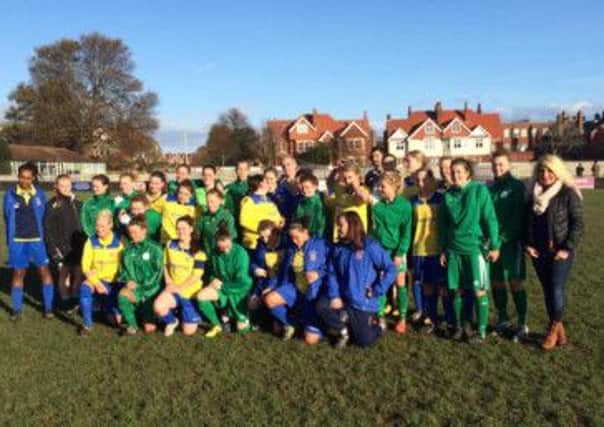 Chichester City Ladies and Eastbourne Ladies and their #footballremembers moment  Picture by Joe Ifill