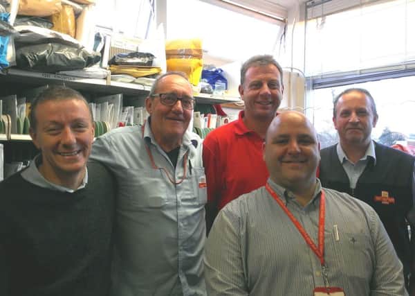 Horsham Delivery Office postmen Ian Holland, Tony Crawte, Colin Speller, Jon Miles and Delivery Offcer manager Glenn Johnson - picture by Anna Coe