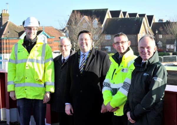 Pictured left to right: James Frew, of  VolkerStevin, Bognor Regis and Littlehampton MP Nick Gibb, Dan Robinson, Environment Minister, Dave Robinson, EA operations manager and James Humphrys, EA area manager