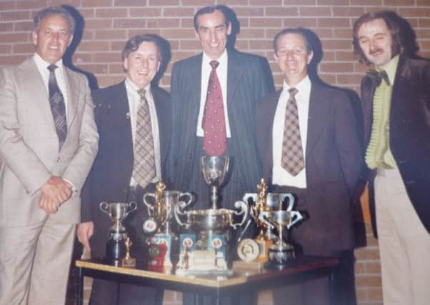 The Harper Cup Champions 1976-77, Keymer and Hassocks Mens Club (left to right)  Sonny Hall, Bernard Russell, Alan Foster, Dennis Wakeford and Barry Elms