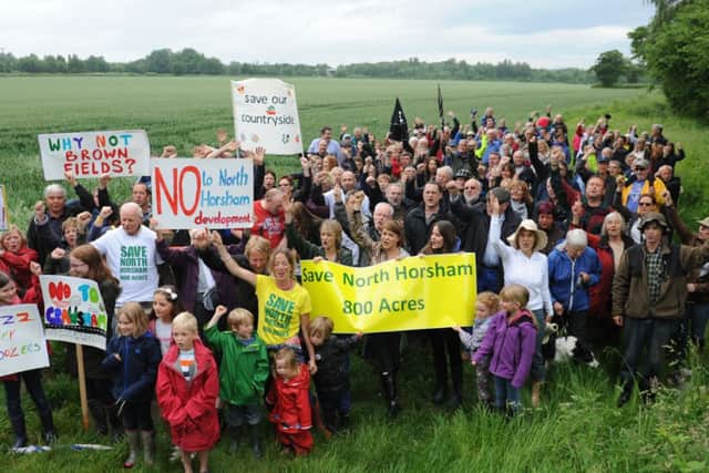 Campaigners pictured in summer 2014 at the North Horsham A264 where the majority of housing is proposed  -photo by Steve Cobb S142404864x
