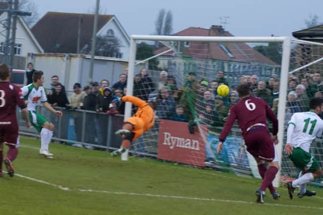 Ollie Pearce converts Alex Parsons' cross to put Bognor level with Peacehaven  Picture by Tommy McMillan