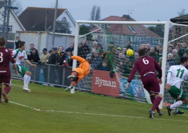 Ollie Pearce converts Alex Parsons' cross to put Bognor level with Peacehaven  Picture by Tommy McMillan