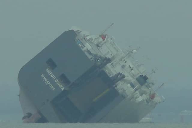 Hoegh Osaka transporter ship grounded in the Solent. Pictures and video taken by Michael Dangerfield, whose grandparents live in Chichester
Whightproductions.co.uk SUS-150501-154434001