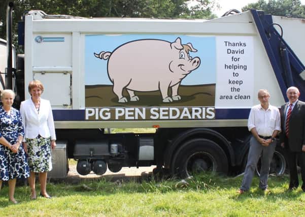 The famed litter-picking author David 'Pig Pen' Sedaris with the Horsham District Council rubbish truck last year. Pictured with Diana Van Der Klugt (Con, Chantry), Lord Lieutenant of Sussex Susan Pyper and HDC cabinet member for the Environment Andrew Baldwin - picture submitted