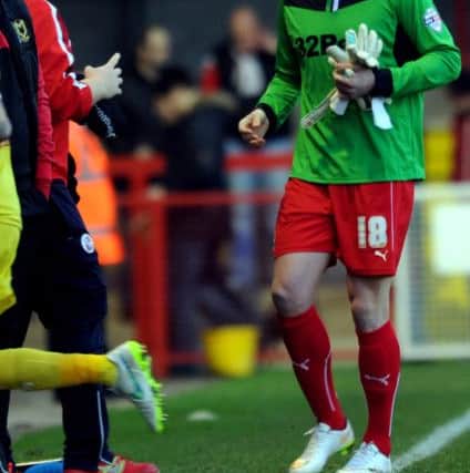 Matt Harrold striker turned goal keeper for Crawley Town V MK Dons (Pic by Jon & Joe Rigby) SUS-151001-182438002