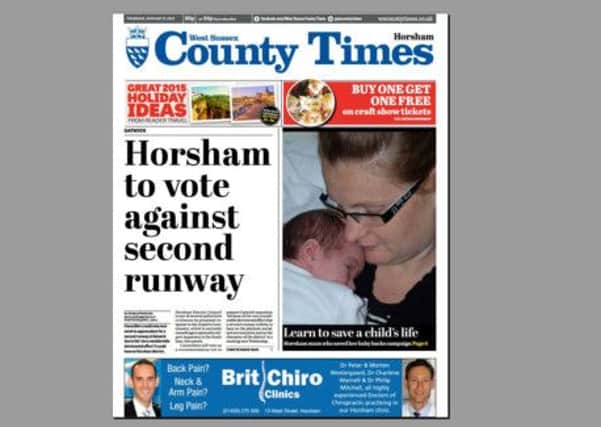 County Times front page January 15 'Horsham to vote against second runway'. SUS-150115-095814001