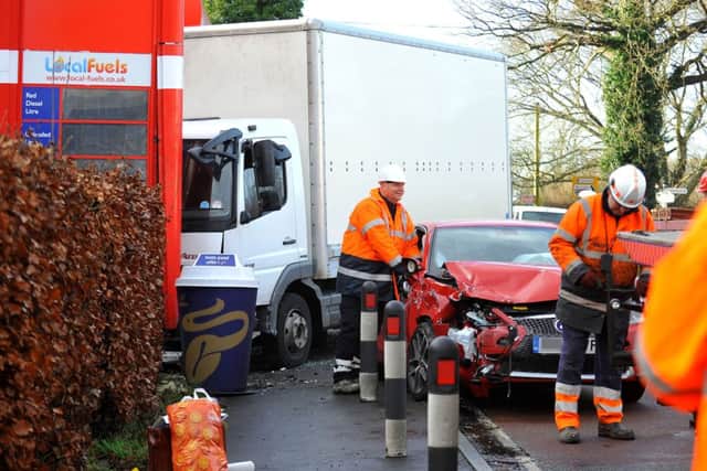 Collision involving two cars and a lorry at a petrol station near Bolney on A272. Pic Steve Robards SUS-150116-152405001