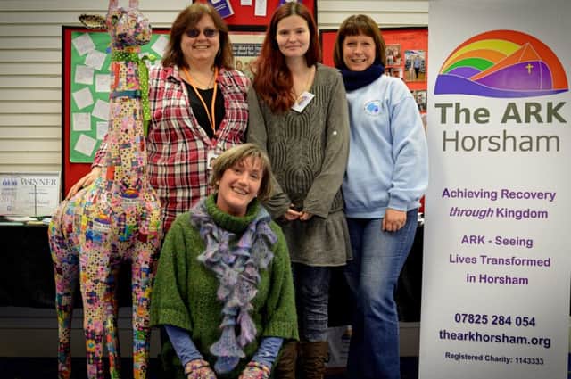 ARK Horsham pop-up shop in Swan Walk Shopping Centre: (L-R) ARK mascot Keith the Giraffe with Lisa Price of the ARK, Lena Finch of the ARK, Kerry Gallivan of ARK partner charity, the Danny Gallivan Trust and ARK founding director Lisa Burrell - picture submitted