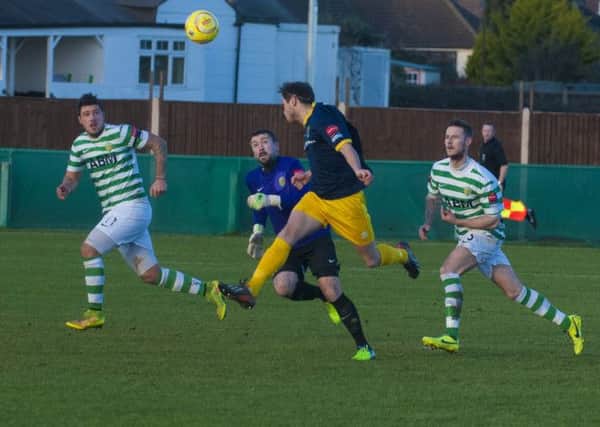 Harvey Whyte leaps to head Bognor into the lead at VCD    Picture by Tommy McMillan