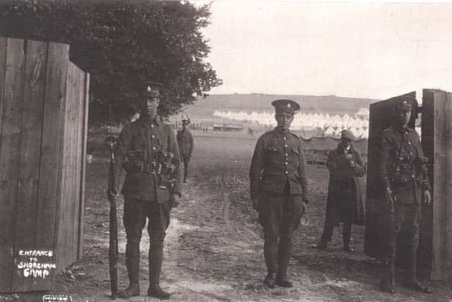 Entrance to the army camp, Slonk Hill, near Shoreham-by-Sea, c1914 Picture: Courtesy US Government; Imperial War Museum