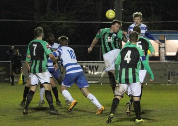 Margate's Charlie Wassmer up for a set piece. Picture by Don Walker