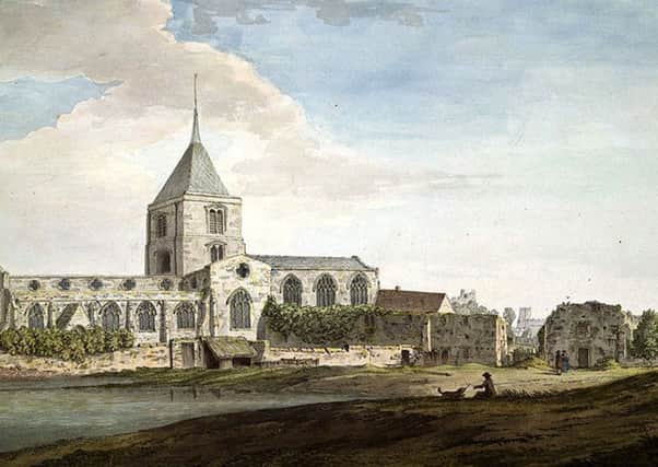 The south front of St Nicholas Church and remains of the east and south sides of the college, drawn in 1780 by Grimm