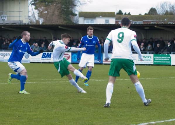 Doug Tuck sends a shot goalwards in the first half   Picture by Tommy McMillan