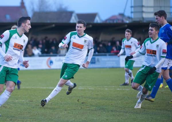 Bognor players celebrate Jason Prior's equaliser from the spot against Billericay   Picture by Tommy McMillan