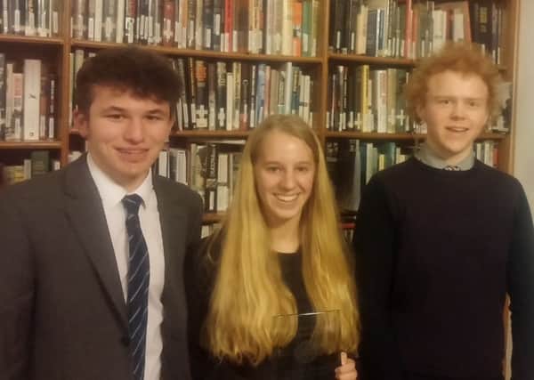 The winning team from Godalming College. Chairperson:  Annie Simons. Speaker: George Chantry. Proposer of vote of thanks: Eamonn Lynch- Bowers. SUS-150202-114126001