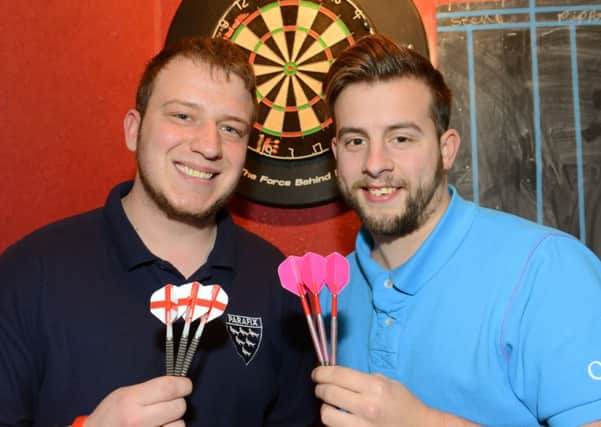 WH 060215  24 hour darts fundraiser.  Shaun Evans, left and Patrick Murphy -  both have had open heart surgery and want to raise money for the British Heart Foundation. Photo by Derek Martin SUS-150802-224030001