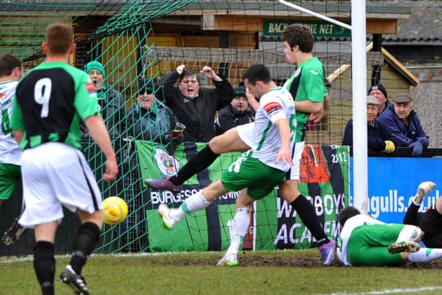 Burgess Hill v Guernsey. Lee Harding scores Hill's first goal. Pic Steve Robards SUS-150702-163129001