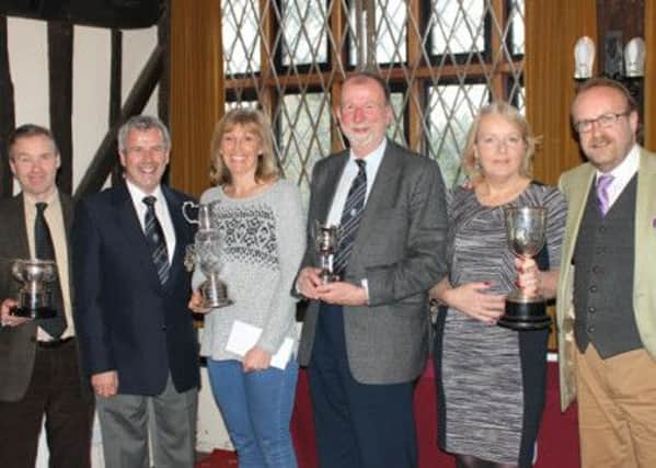 The trophy winners shown in the photo are left to right: Simon Fielden Hermon Cup, David Maxwell Junior Cup, Mark Gerken Club Captain, Vanessa Floydd on behalf of Jack Scratch Knock Out, David Shore	The Pat Hyde Cup, Martin & Margaret Jones Married Couples