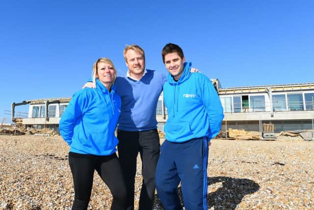 Beach Green Cafe. Beach Green Cafe building which is approaching its official opening this summer. Pictured are  L-R Kate Radford (Beachfit), Alex Holt (owner) and Paul Crane( Beachfit).   Lancing. 170215. Picture: Liz Pearce 
LP1500064 SUS-150217-194032008