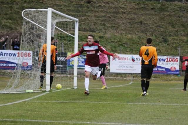 Steve Brinkhurst wheels away in celebration after scoring his first Hastings United goal in last weekend's 2-2 draw at home to Three Bridges. Picture courtesy Joe Knight