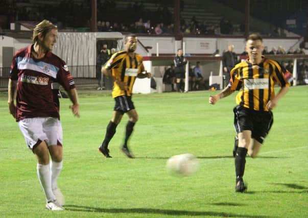 Richard Rose delivers a cross during Hastings United's 2-0 defeat at home to Folkestone Invicta in late September. Picture courtesy Terry S. Blackman