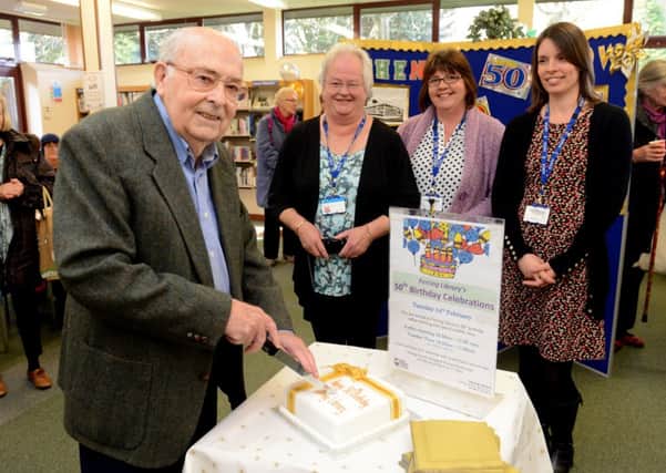 George Bernard Shaw cuts the cake at Ferring Librarys 50th birthday partyD15081056a