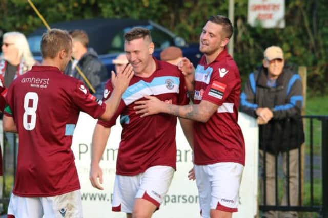 Hastings United celebrate one of their goals during the 4-1 win at home to Guernsey in October. Picture courtesy Joe Knight
