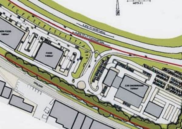 The original layout for the shopping and motor showroom complex proposed a site alongside the A259 on the Rustington/Angmering boundary